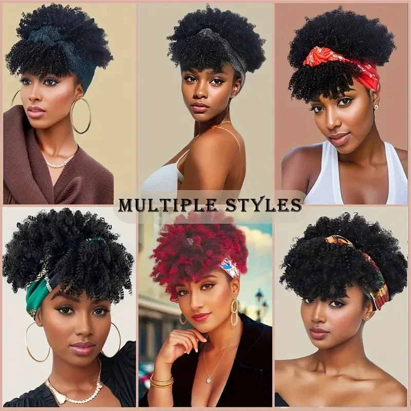 สั้น Kinky Curly วิกผมสังเคราะห์ Afro สูงพัฟ Curly ผ้าพันคอวิกผมผู้หญิงสีดํา Afro Curly Head Band วิกผม