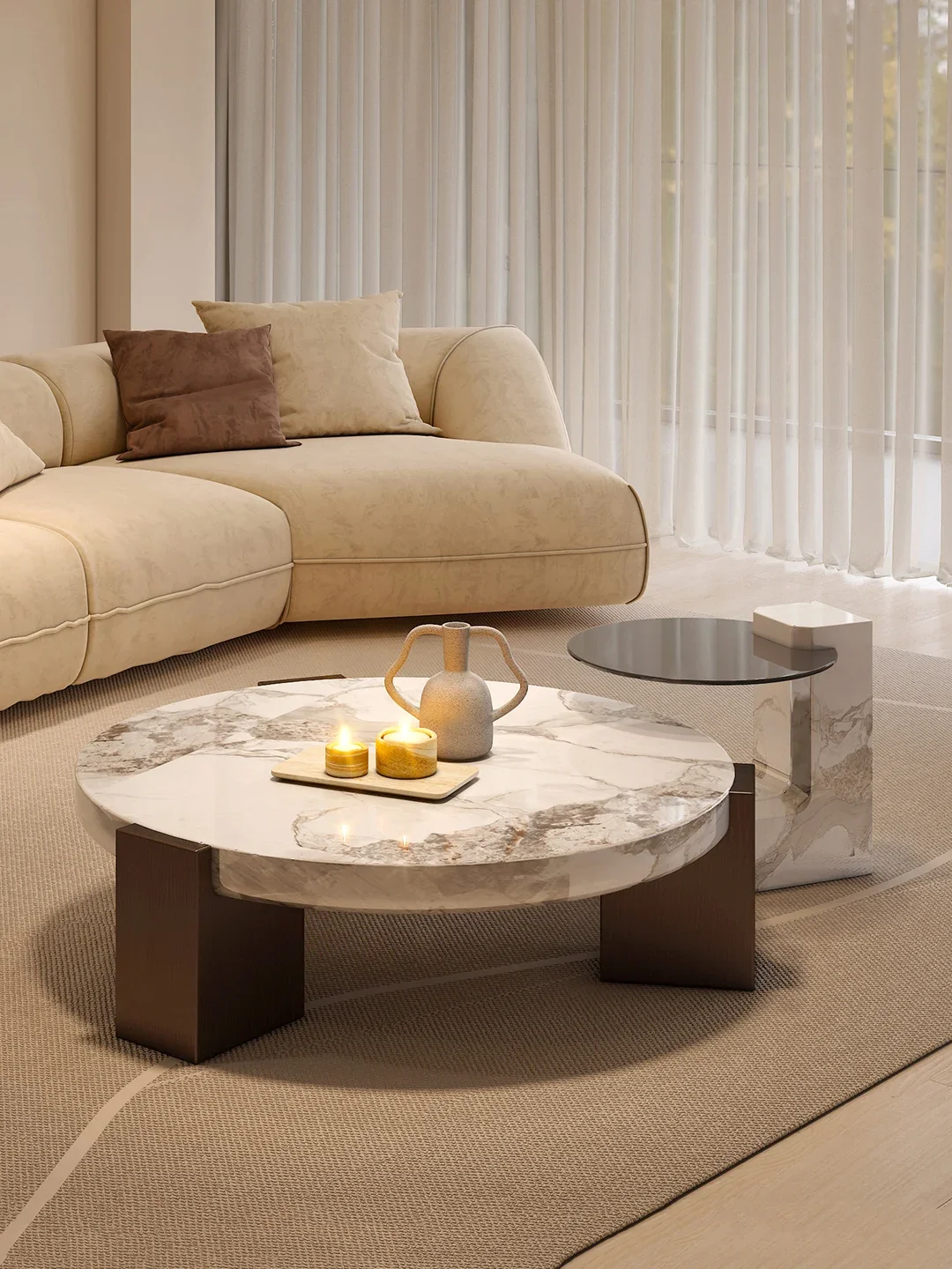 Light luxury round coffee table combination natural marble Internet celebrity child and mother coffee table modern simple high