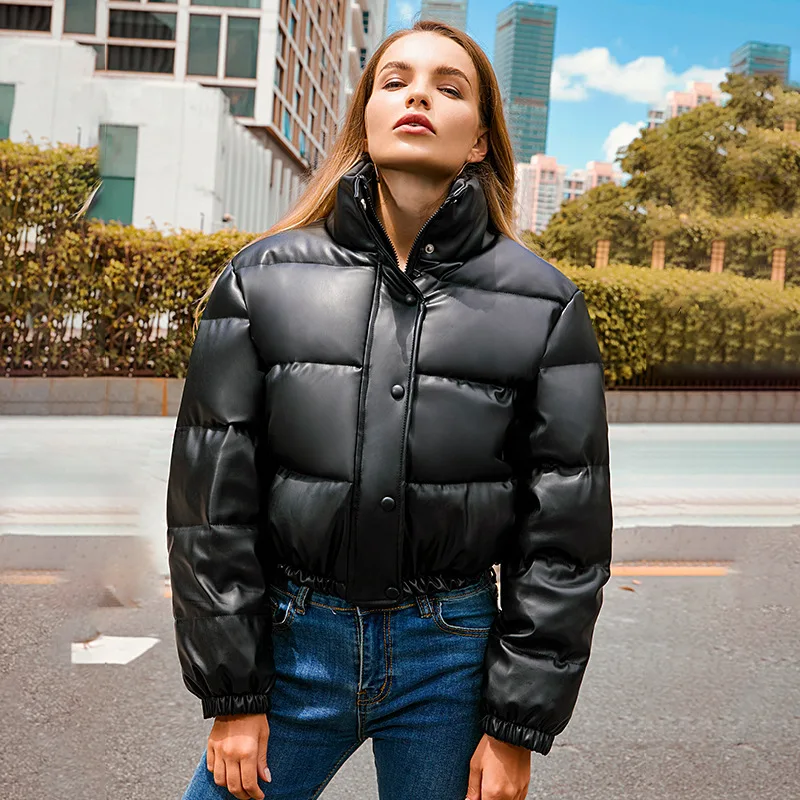 2026 Winter Thick Warm Cropped Puffer Jacket Women Black PU Leather Parkas Elegant Zipper Coat Cotton Padded Punk Outwear