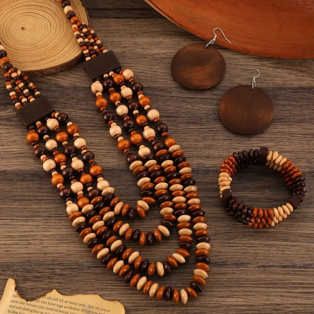 

Ethnic Style Vintage Boho Bib Beads Colorful Geometric Round Bohemia Necklace Set Multi Layer Handmade Geometric Beaded Necklace