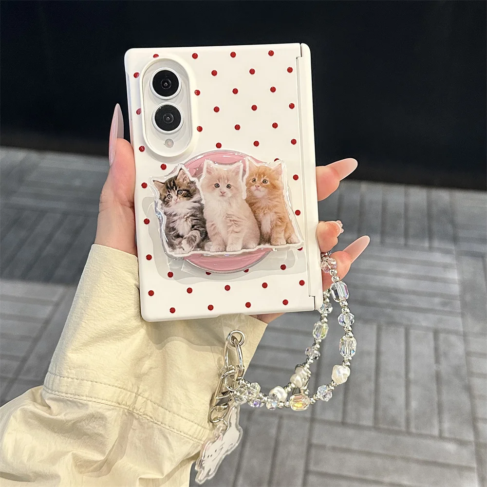 Cute Red Polka Dot Kitten Phone Case For Samsung Galaxy Z Fold8 3 Cats Stand Crystal Pearl Chain Protection Shockproof Cover