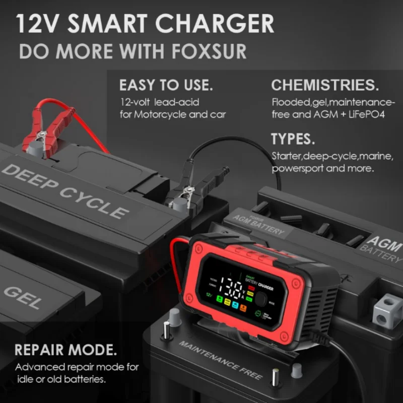 12V 7A Car Motorcycle Battery Charger AGM Lead-Acid Automatic Repair for AGM GEL LiFePO4 Battery Desulfator Charging Maintainer
