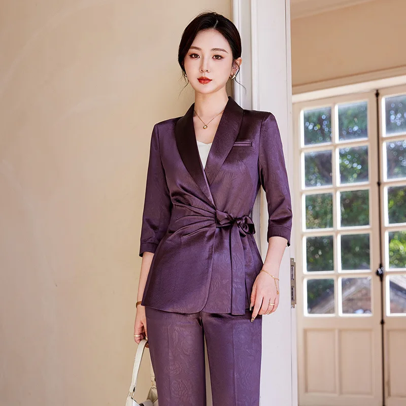 Designer Splicing Women Senior Luxurious Blazer Suit Pants Set Soft Satin Silk Office Lady Solid Coat Big Size Elegant Jacket