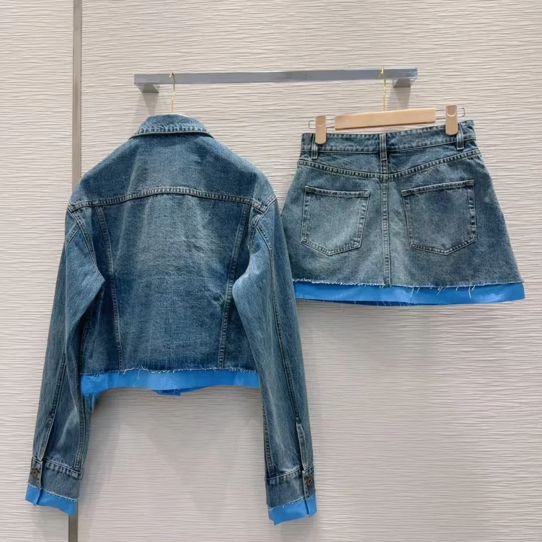 High end customized women's new denim short skirt set