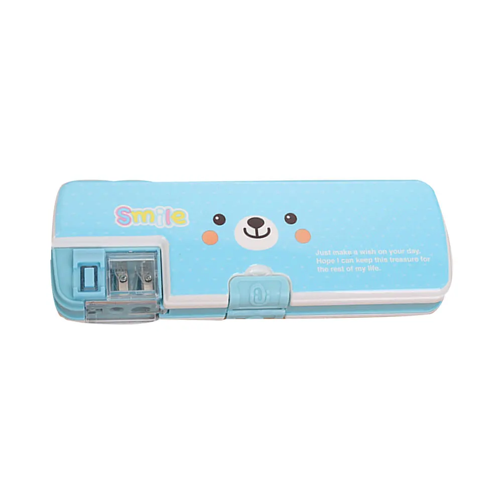 

Cartoon Box Plastic Multifunctional Pen Case With Sharpener Large Capacity Blue Emoticon Design School Stationery Container For