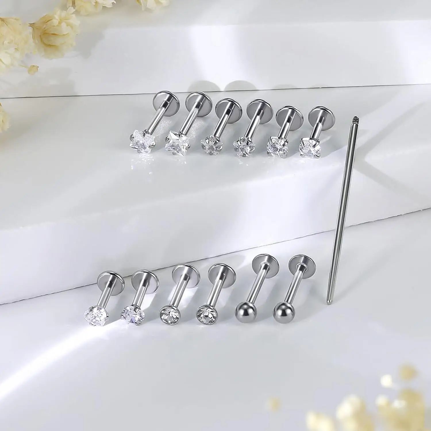 13pcs/Set 16G Stainless Steel Lip Labret Rings Internal Thread Flat Back Cartilage Tragus Helix Daith Earrings Piercing Jewelry