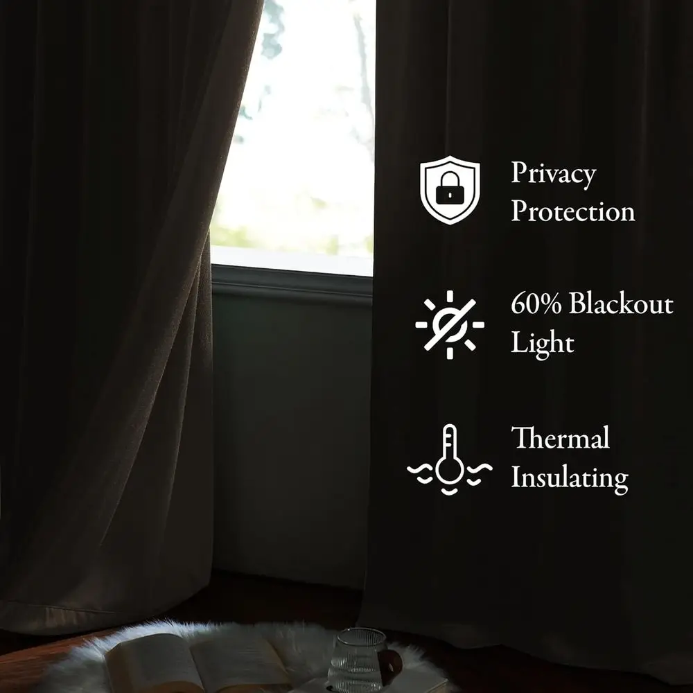 ผ้าม่านกำมะหยี่สีเทาอมน้ำตาลขนาด 108 นิ้ว, ผ้าม่านกันแสงแบบ 2 ชิ้นสำหรับห้องนอนและห้องนั่งเล่น, ผ้าม่านกันความร้อนแบบนุ่ม