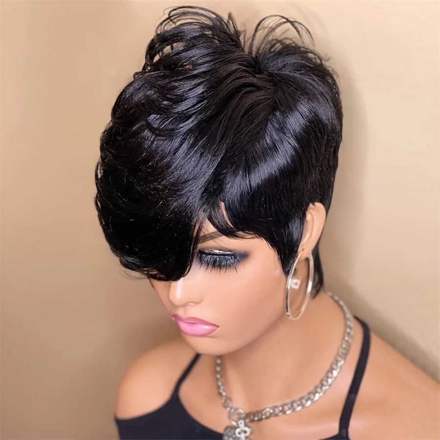 Pixie Cut Echthaar Maschine gemacht Remy Perücke 6 Zoll natürliche schwarze Farbe 150% Dichte tägliche Party verwenden Perücke kurze gerade Pixie Perücke