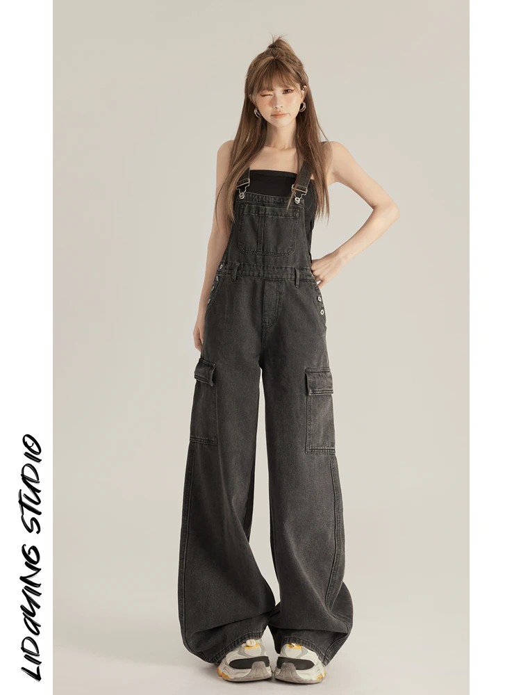 

Li Dang Women's Loose Wide Leg Denim Overalls Bla ey Vintage Sle 2025 New Spring Season l Waist Long Trousers