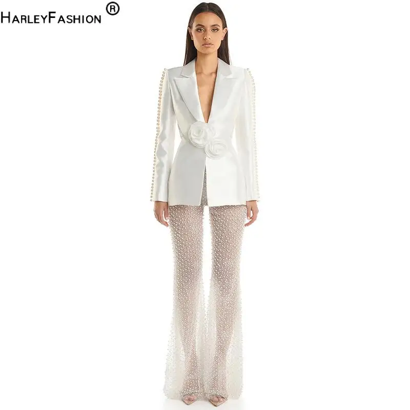 2024 Spring Lady Fine Workmanship Beading Solid Suit Long Sleeve Hollow Out Waist Blazer See-through Flared Pants Women 2Pcs