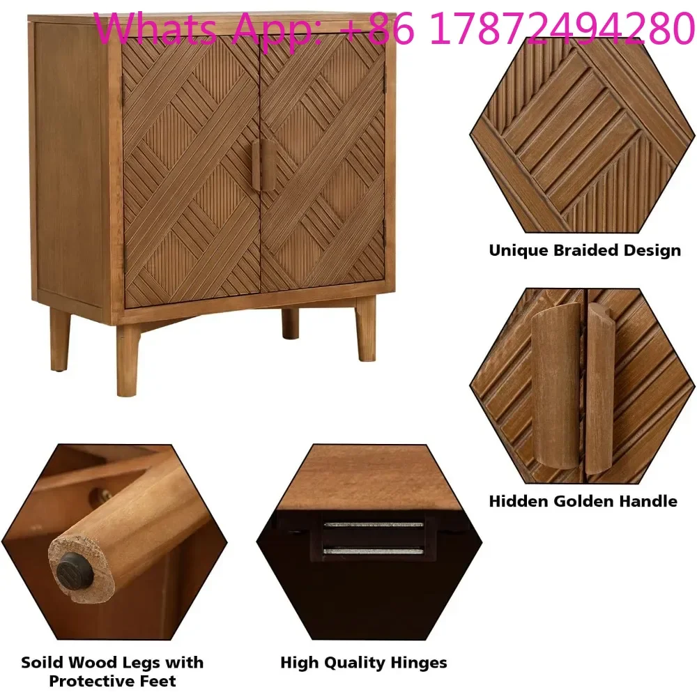 Mid-Century Modern Accent Cabinet with Doors, Wooden Sideboard with Unique Woven Pattern Design