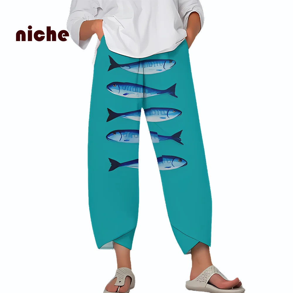 High-Quality Women's Beach Pants Large-Size Cotton And Linen Fabric Solid Color Fish Printing Trend Nine-Point Wide-Leg Pants