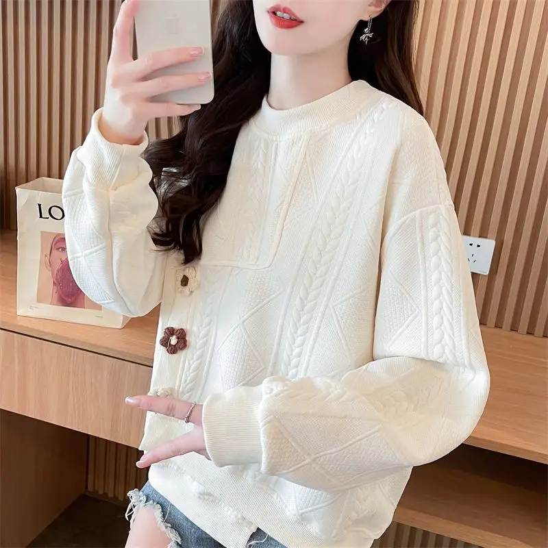 Spring Autumn Women Trendy 3D Flower Irregular Design All Match Sweatshirt Casual Solid O Neck Long Sleeve Loose Sweet Chic Tops