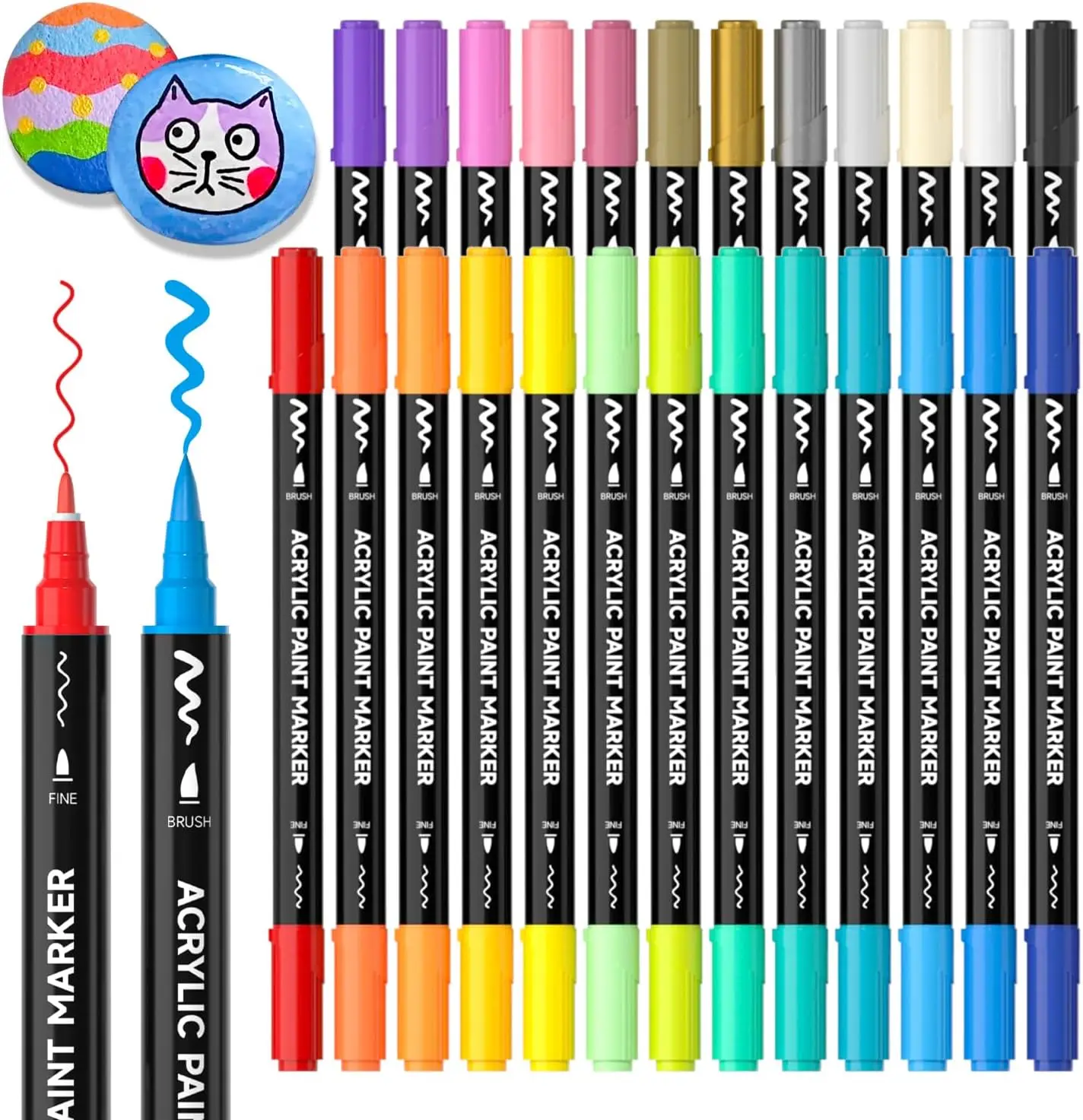 

25 Colors Dual Tip Acrylic Paint Markers, Brush & Fine Tip Pens for Rock, Ceramic, Wood, Canvas, Glass, DIY Crafts