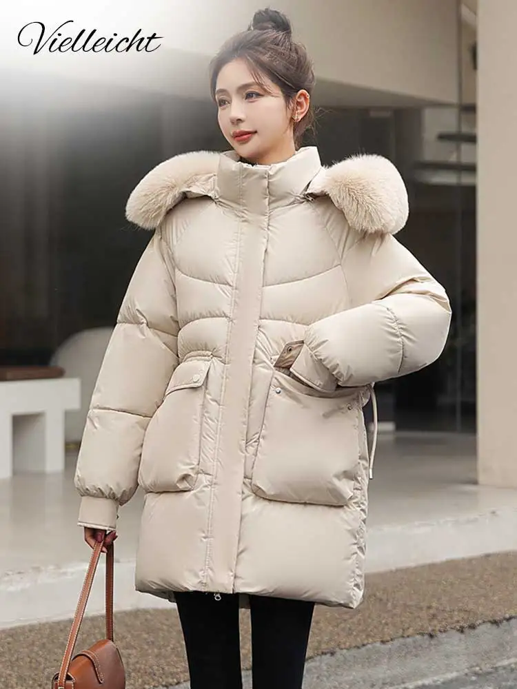 

Vielleicht New Cotton Padded Long Snow Parkas Women Winter Big Fur Collar Removable Hooded Jacket Female Windproof Coat Outwear