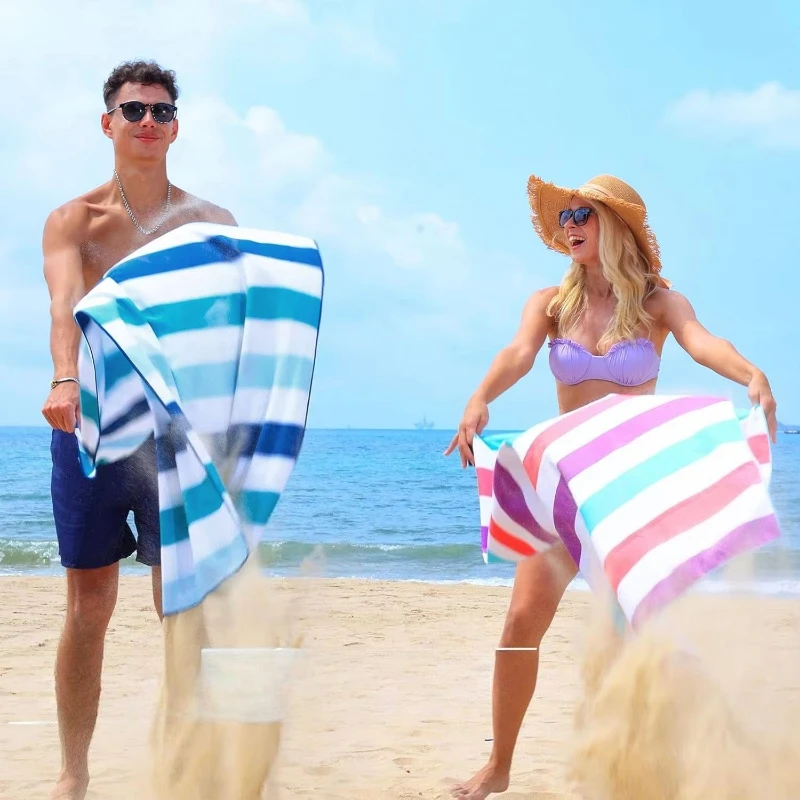 Exclusive Large 30x 60 Blue Microfiber Quick Drying Beach Towel Sand Free Cabin Striped Pool Towel Bag Lightweight