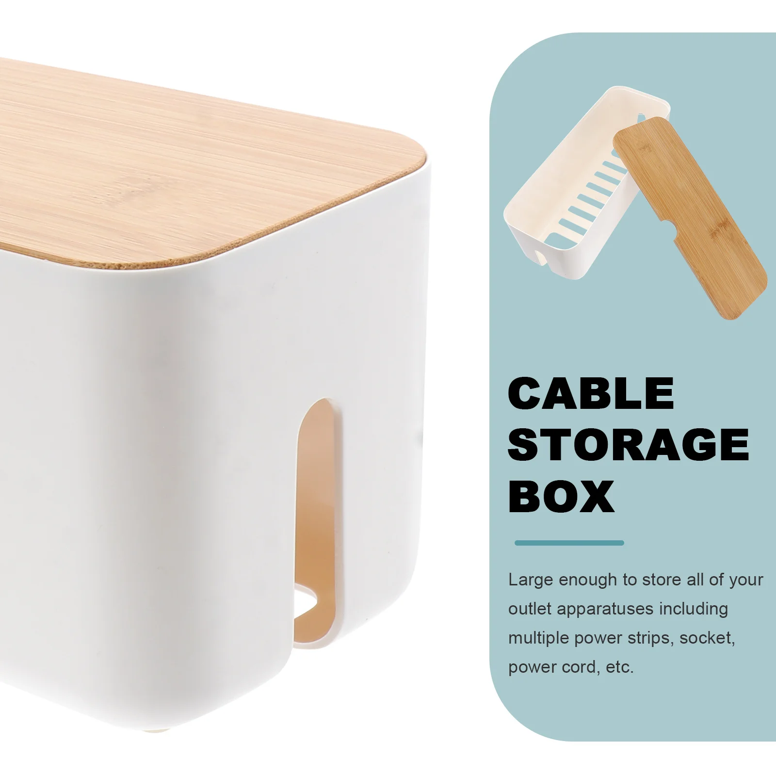 

White Cable Storage Box Plastic Cord Hider Box with Wooden Cover Large Capacity for Power Strips Cables Adapters Home Office