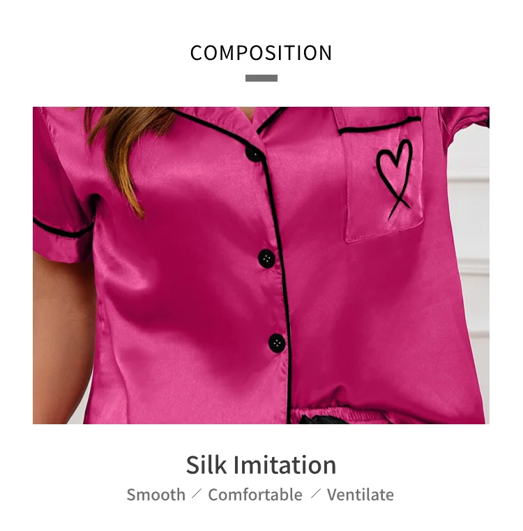 Luxus Satin Seide Damen Pyjama Set Kurzarm Nachtwäsche Freizeit Home Kleidung Nachtwäsche Bequeme Pyjamas für Frauen Pj Set – Detail 22