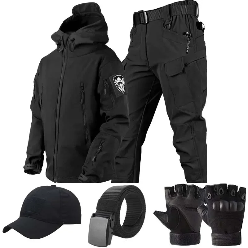 5-個戦闘服男性軍ソフトシェルフード付きジャケット-狩猟-t-シャツ-カーゴパンツトレーニングエアガンペイントボール服セット