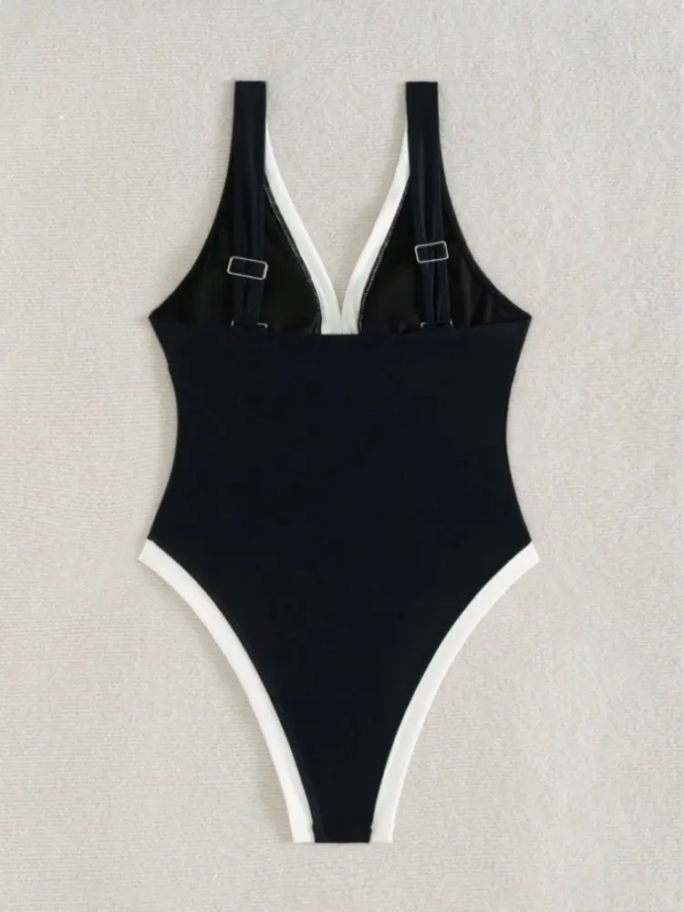 Cikini Women's Black & White Patchwork Plunge Neck Strap One Piece Swimsuit, Beach Summer Resort Wear