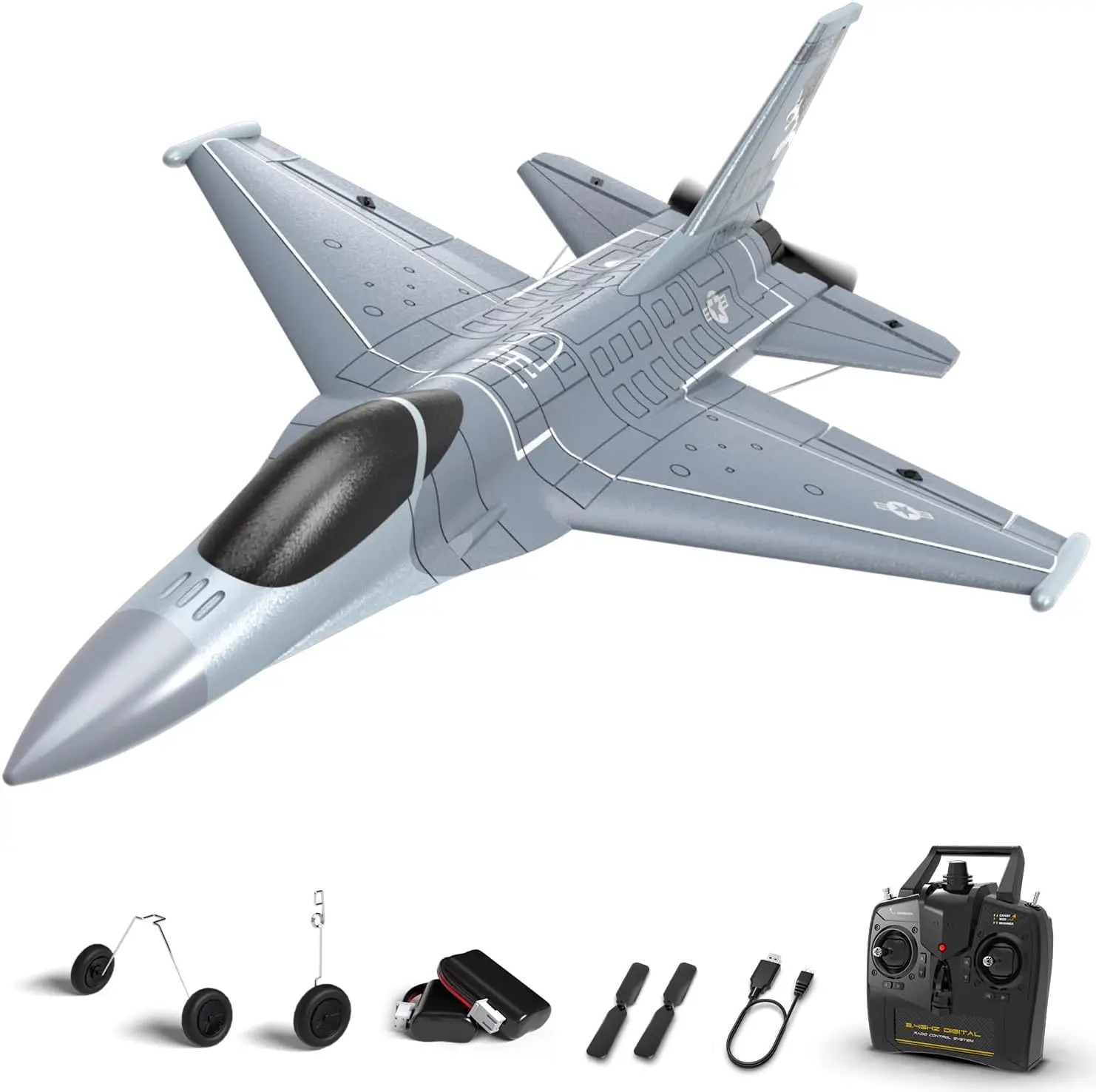 Ready-to-Fly 4-Channel 2.4GHz F-16 Fighting Falcon Jet RC Airplane with Stabilization System, One-Key Aerobatic Function, Perfect for Adults (Gray)
