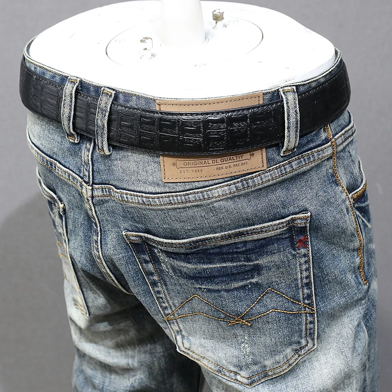 Fashion Designer Men Jeans High Quality Retro Washed Blue Stretch Slim Fit Ripped Jeans Men Vintage Denim Pants Trendy Trousers