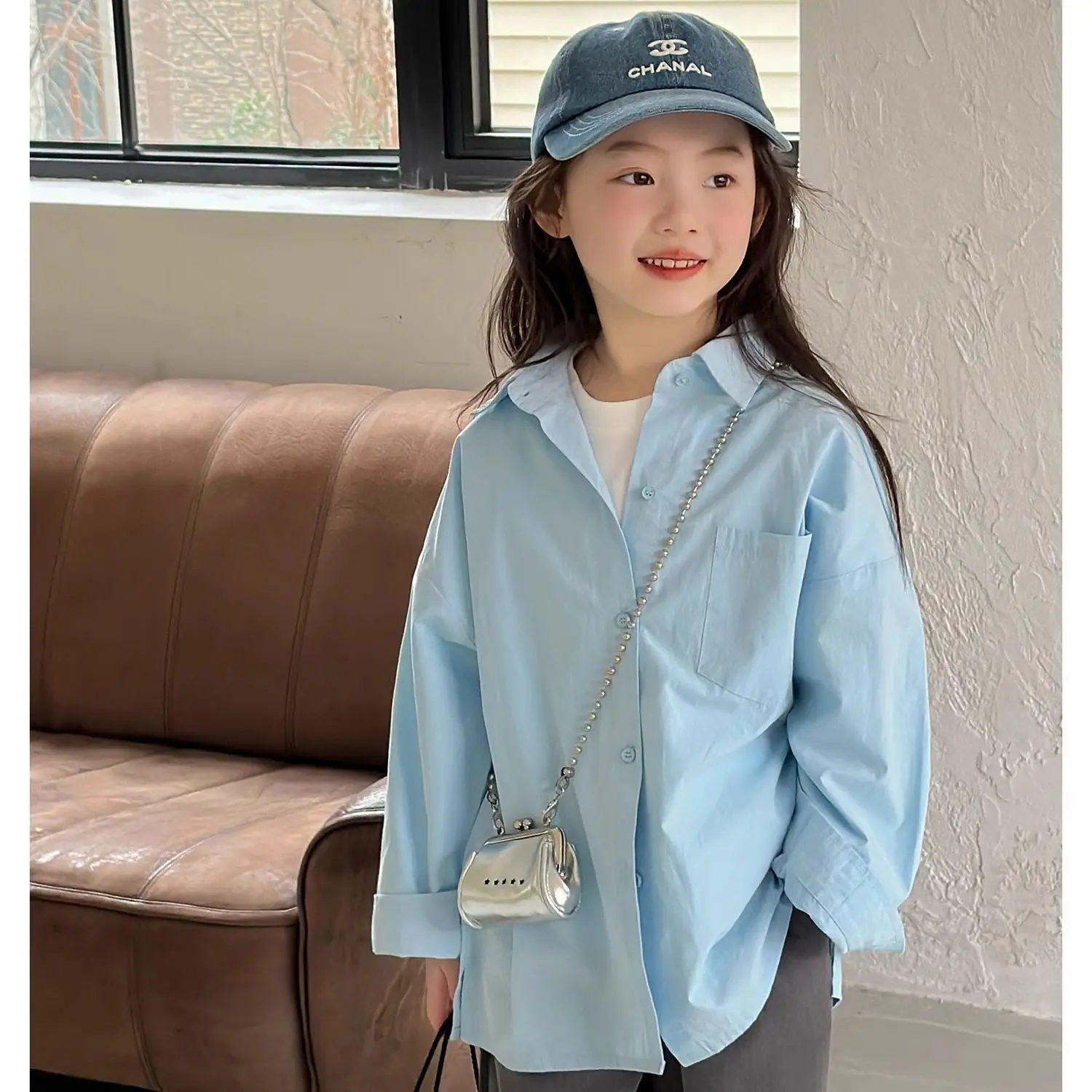 Girls Shirts Kids Clothes Korean 2024 New Fashion Spring Versatile Loose Casual Thin Solid Blouses Turn-down Collar Button