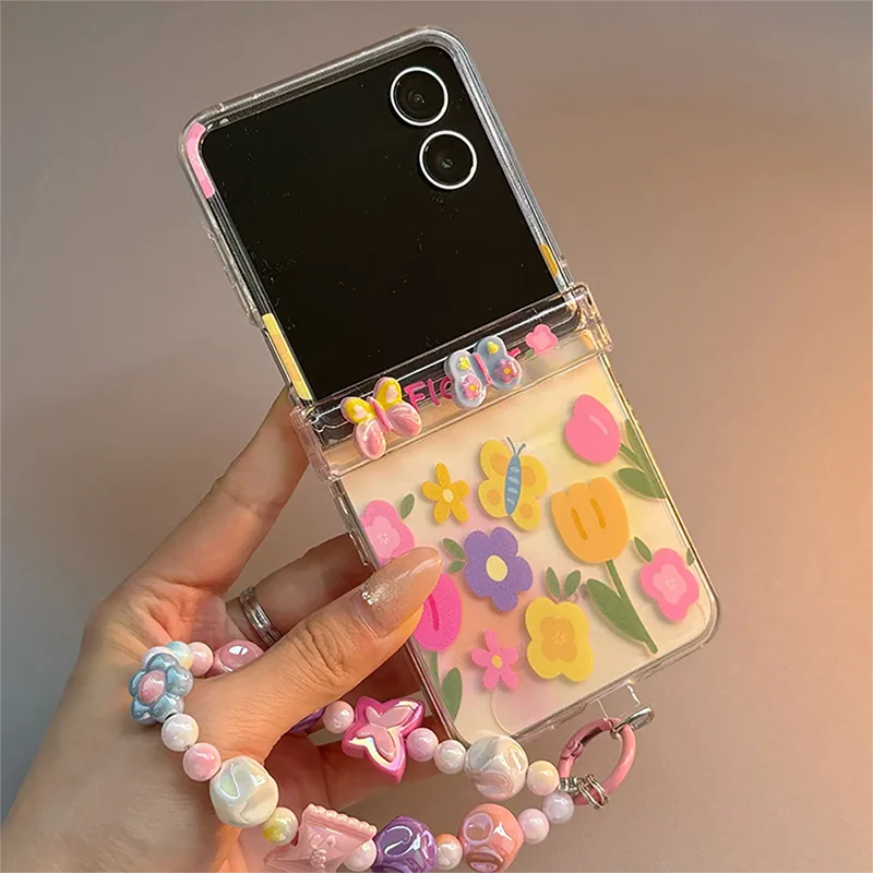 Mix Flip Case Cute Tulip Flower Pattern Clear Flip Cover For Samsung Z Flip7 6 5 Xiaomi Mix Flip Case With Colorful Beaded Chain