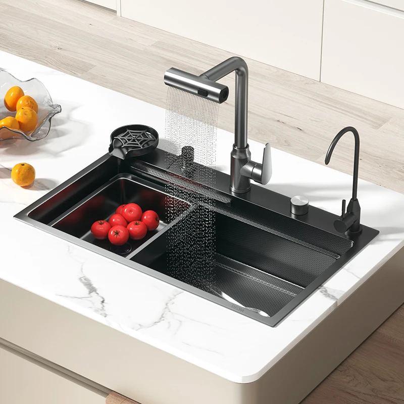 Black nano food grade stainless steel kitchen sink large  Embossed Large Single Slot