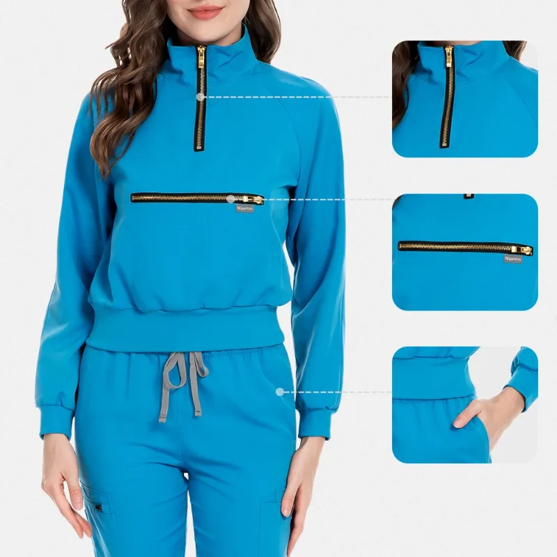 مجموعة دعك ذات ياقة مدببة وأكمام طويلة، للجنسين قابلة للتمدد مكونة من قطعتين للمستشفى #3