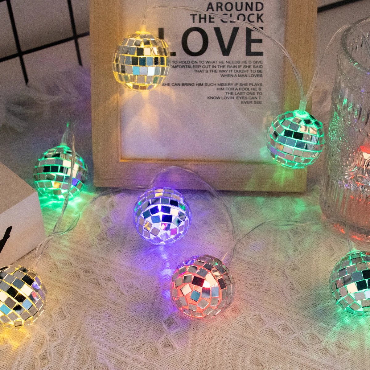 1.5m LED Mirror Ball String Lights Fairy Light Garland Battery Powered for Wedding Birthday DJ bar 70s Disco dance Party Decor