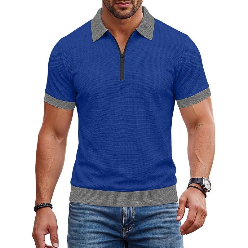 Summer Anti-Pilling Polos Men Patchwork Short Sleeve Turn Down Collar Pull On Polo Shirt Man Business Casual Contrast Color Tops