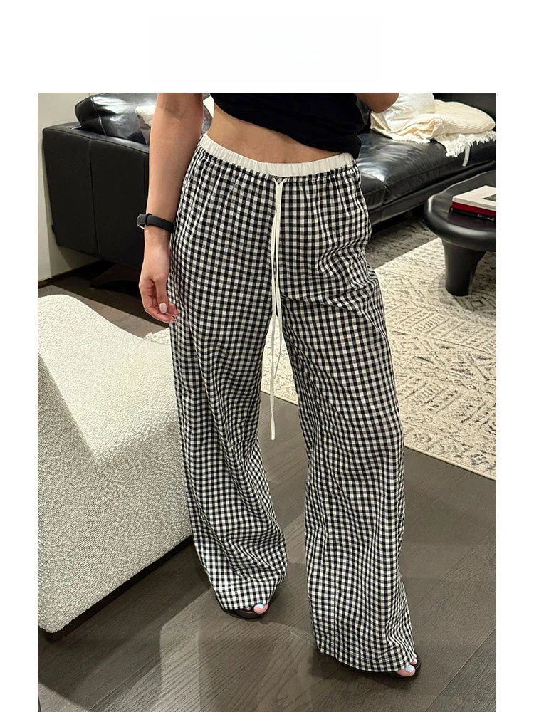 

High Waist Plaid Pants Loose Slimming Long Legs Pure Cotton Lightweight Breathable Straight Leg Pants Casual Trousers for Women