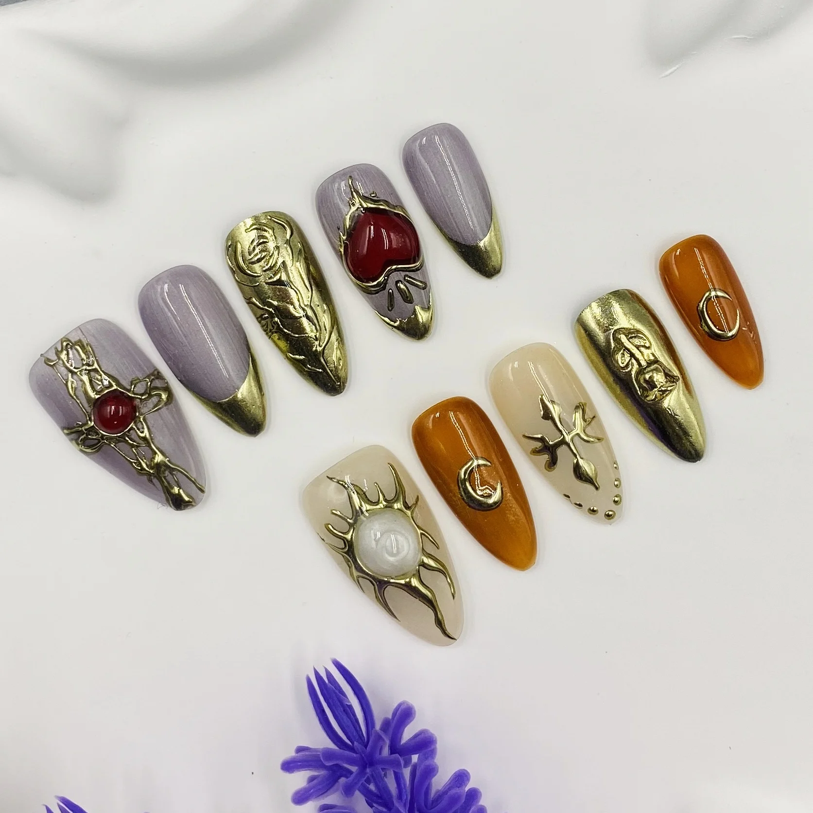 

Накладные ногти ручной работы, форма миндалевидная, ретро-дизайн, фиолетово-оранжевый с розами и луной, для вечеринок и повседневной носки