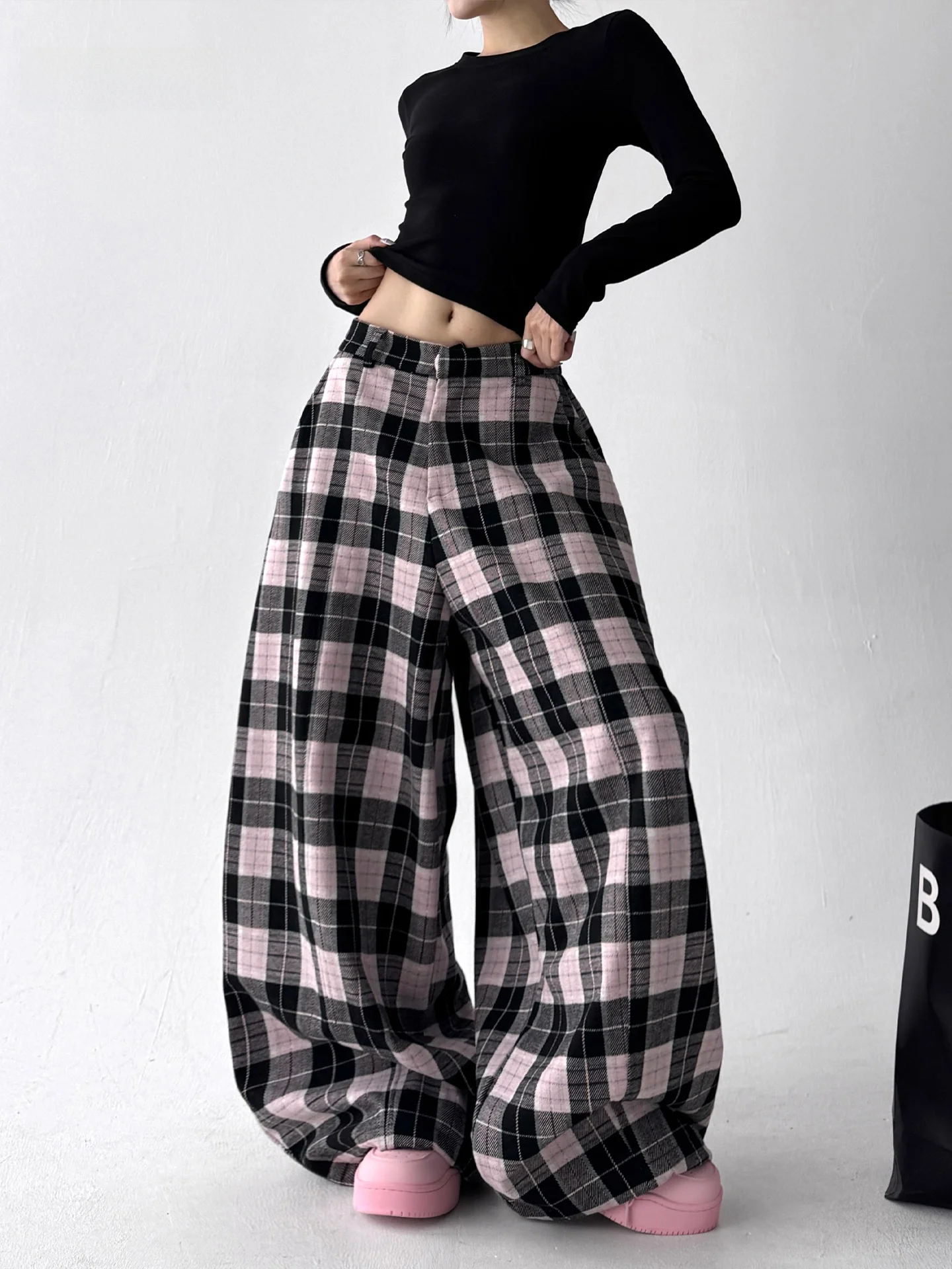 

Зима 2025 г., новые винтажные широкие брюки в клетку, женские свободные тонкие высокие прямые повседневные брюки с высокой талией, полиэстер, вискоза, спандекс