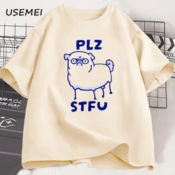 PLZ STFU 퍼그 티셔츠 남성용 캐주얼 반팔 티셔츠, 재미있는 티셔츠, 빈티지 드로잉 너구리 동물 티셔츠, 스트리트웨어 티