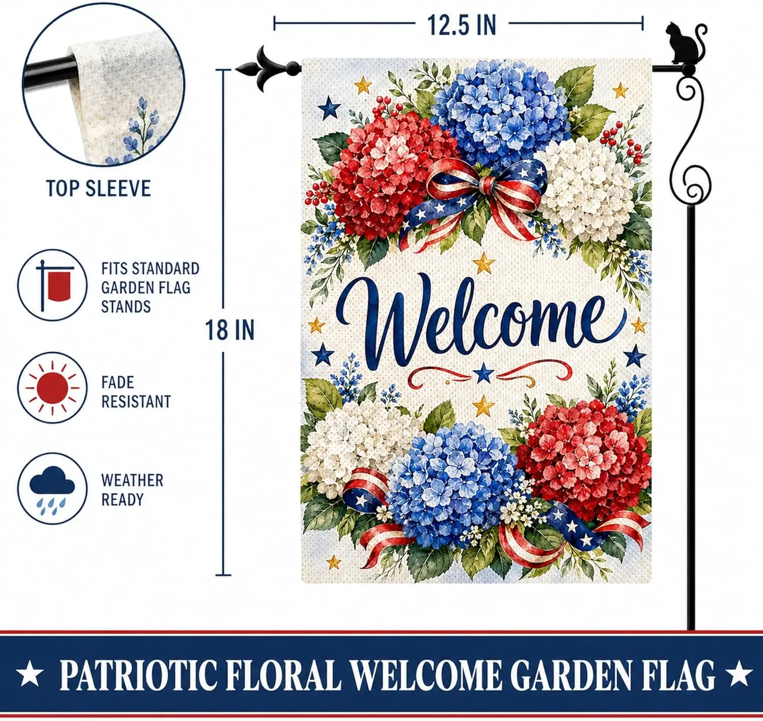 Patriotic Hydrangea Welcome Garden Flag 12 x 18 Inches Double Sided, Red White Blue Floral Yard Decor jjp