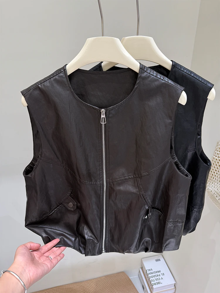 Cerniera dimagrante Faionable rotonda Ne Svel Gilet in pelle Canotta ampia da donna Capispalla Pendolarismo Sle Lunghezza regolare
