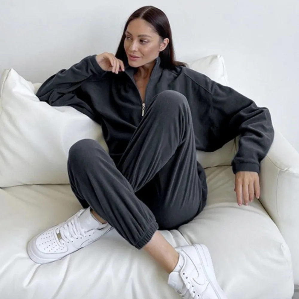 Autunno Inverno Donna Nuova Mezza Cerniera Risvolto Felpa Casual Tuta Sportiva Moda Allentata Tasca da Donna Pantaloni Set da 2 Pezzi 2025