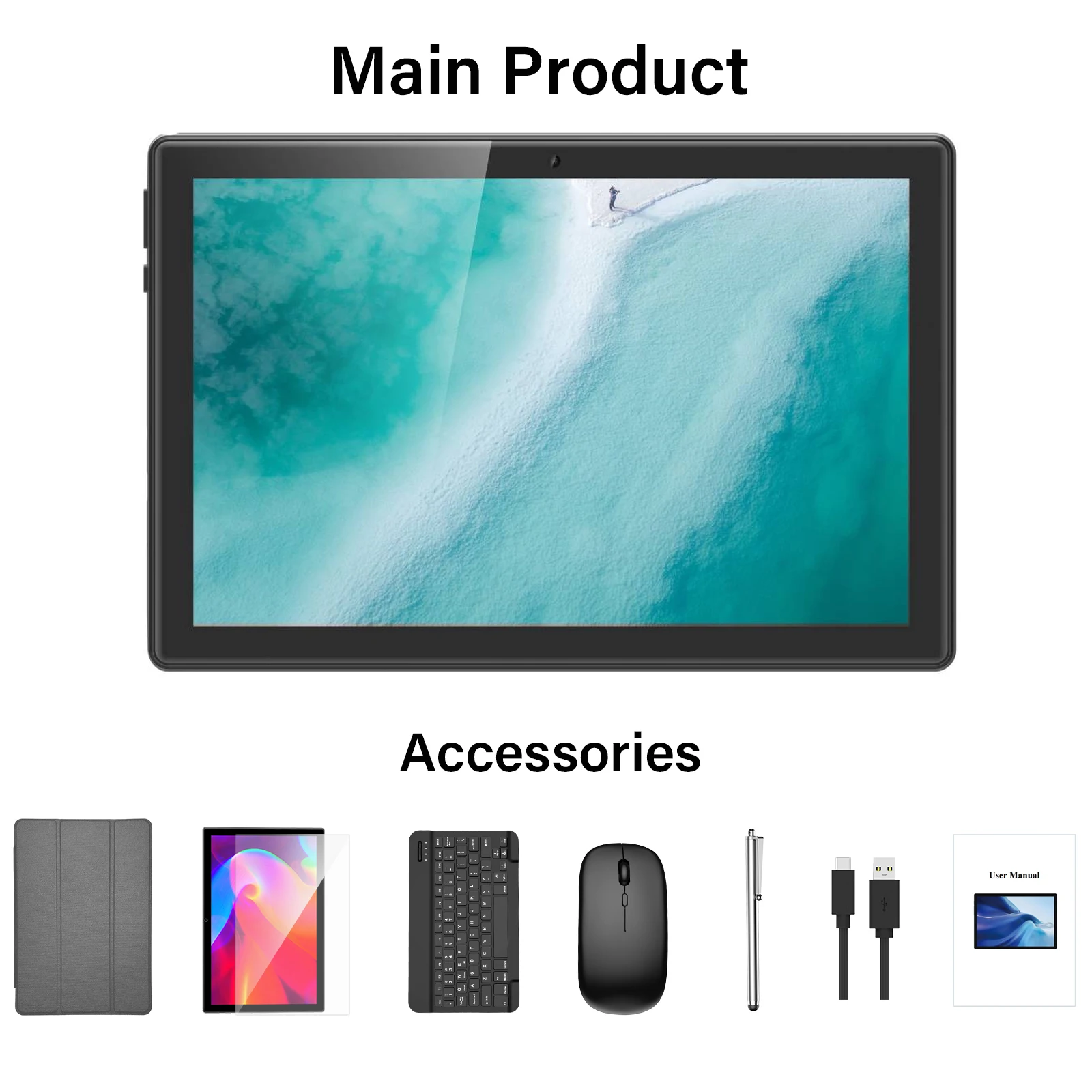 Relndoo Tablet de 10,1 polegadas Android 14, 8 GB (4 + 4 expandido) RAM 64 GB ROM, 1280 * 800 IPS, câmera dupla, WiFi, com teclado, mouse, capa