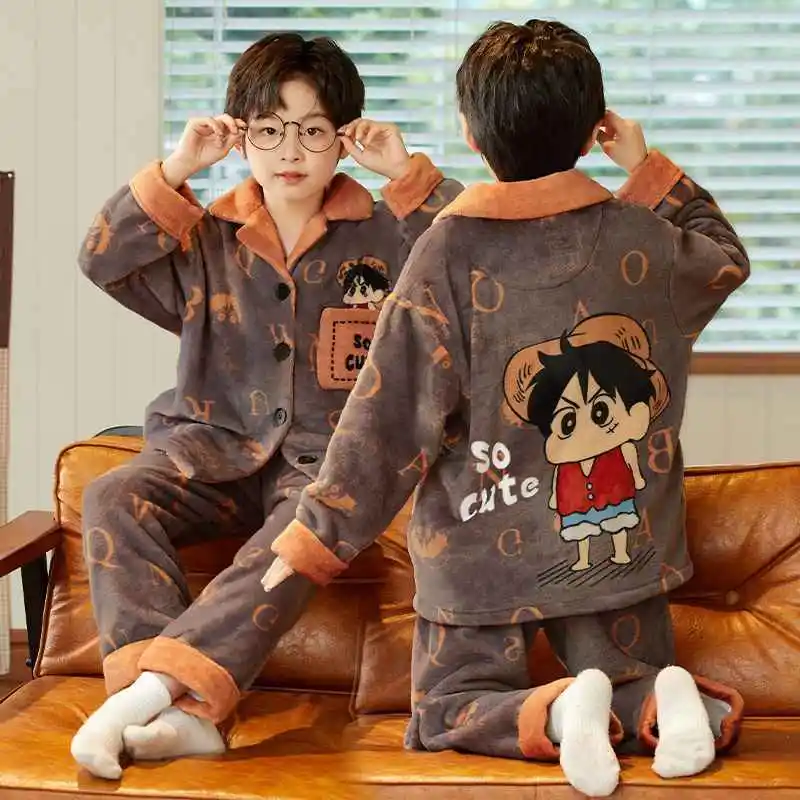 

Цельный пижамный комплект в стиле аниме «Луффи», хлопковая плотная одежда для сна с героями мультфильмов, теплые удобные ветрозащитные брюки с длинными рукавами, комплект домашней одежды