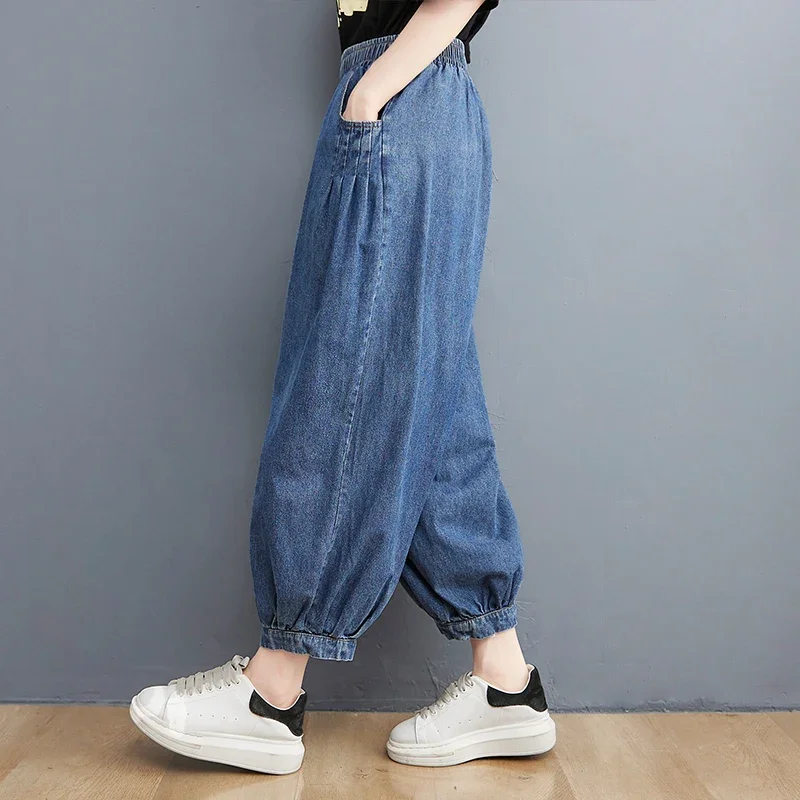 Women's Solid Color Vintage Jeans Summer Female Elastic Waist Baggy Denim Pants Japan Style Ankle Length Harem Trousers A246