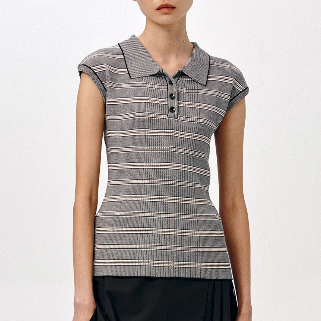 

2025 Spring/Summer Simple Short-Sleeved Striped Knitted Top