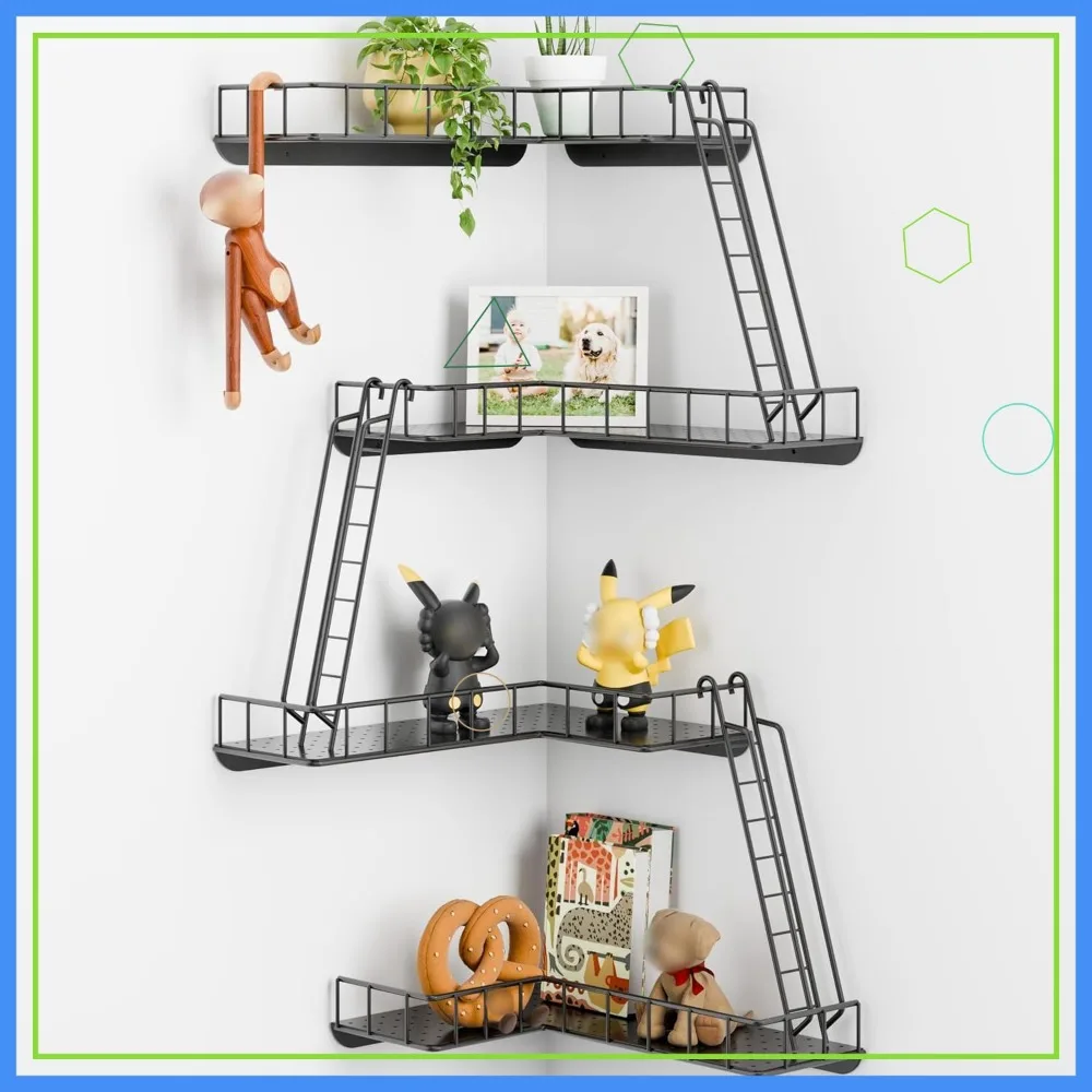 

Modern City Style 4-Tier Corner Wall Shelves, Easy Install Metal Ladder Shelf for Figures, Bathroom Living Room Home Decor Black