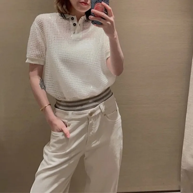 Silk Wool Sequin Hollow Knitted Short-sleeved Top for Women