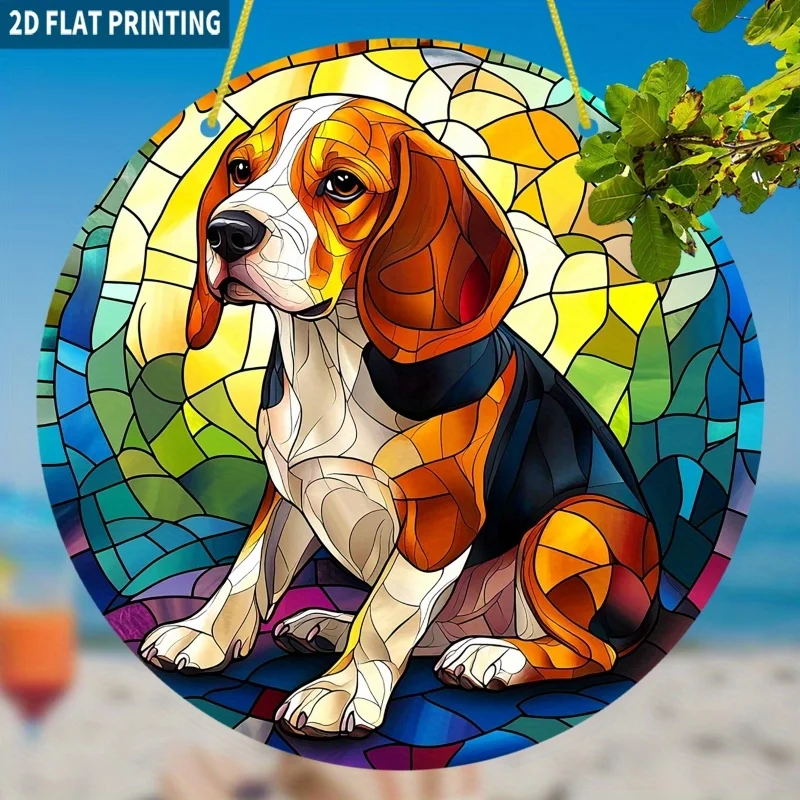 Acrylmalerei: Entzückender dreifarbiger Beagle im Stil von Buntglas-Mosaik, runde Wanddekoration, 2D-Flachdruck, niedlicher Hund für Fenster