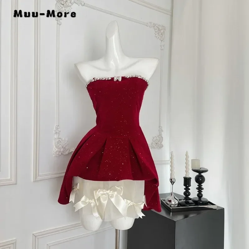 Women Sexy Strapless Off Shoulder Bow Decoration Sheath Dresses Vestido Lady Hotsweet Slim Fit High Waist Red Fairy Dress