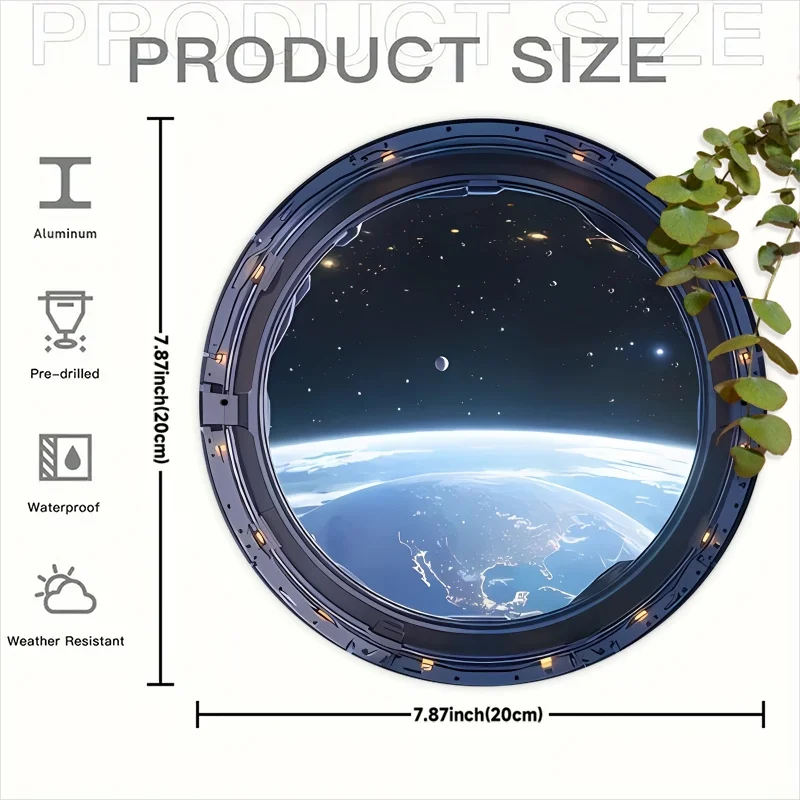 7.87 Inch Aluminum Metal Round Sign with Sci-Fi Starship Deck Design & Space View – Pre-Drilled for Easy Hanging, Futuristic Doo