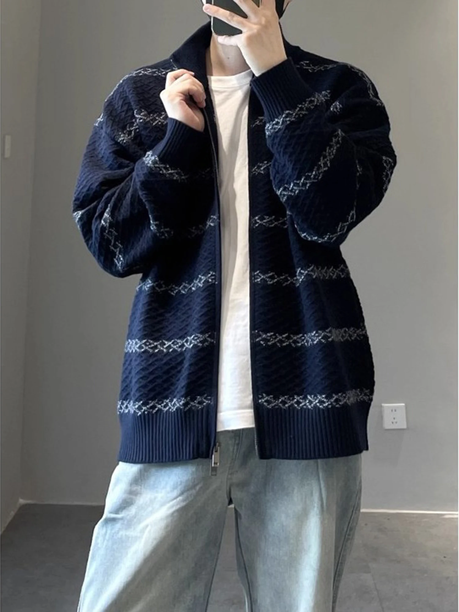 

Американский клетчатый вязаный полосатый открытый кардиган Fair Isle, повседневный свитер с воротником-стойкой, верхняя одежда на осень, универсальный и ...