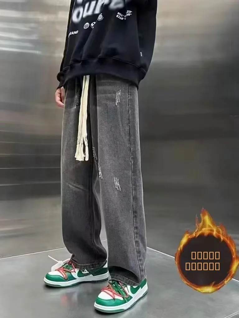 

Thiened Fce Lined Men's Jeans High Street Loose Straight Leg Trousers Autumn Winter New Sle Vintage Long Pants